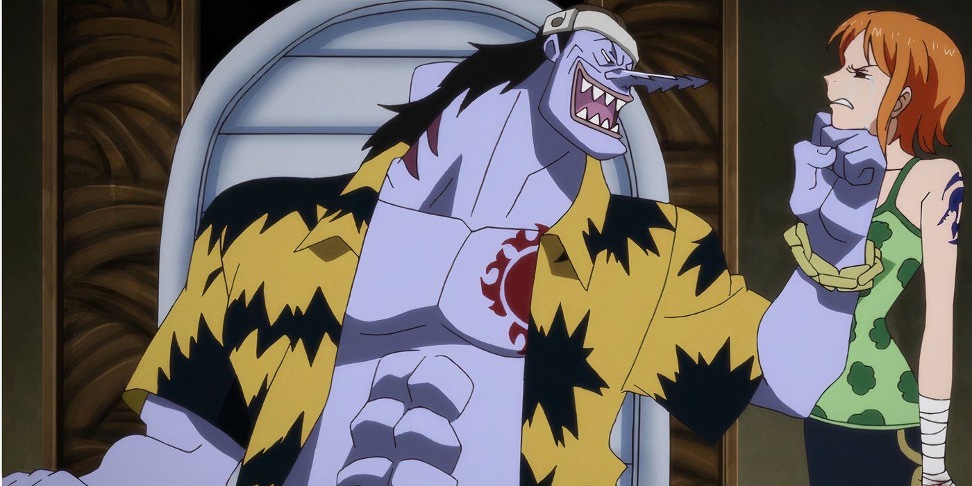 Arlong taunts Nami during One Piece's Arlong Park Arc.