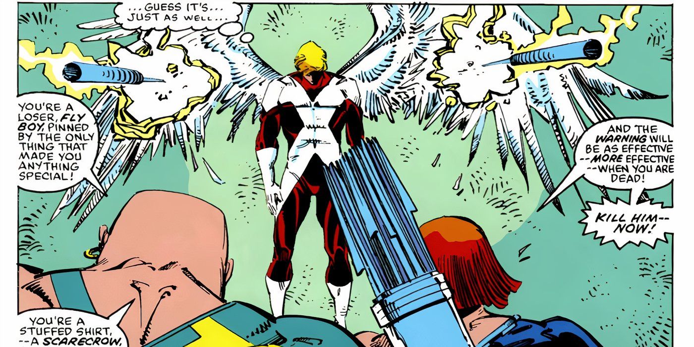 O anjo dos X-Men preso a uma parede por suas asas.