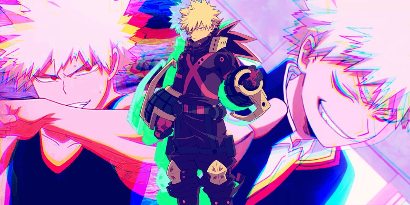 Three images of Katsuki Bakugo from My Hero Academia