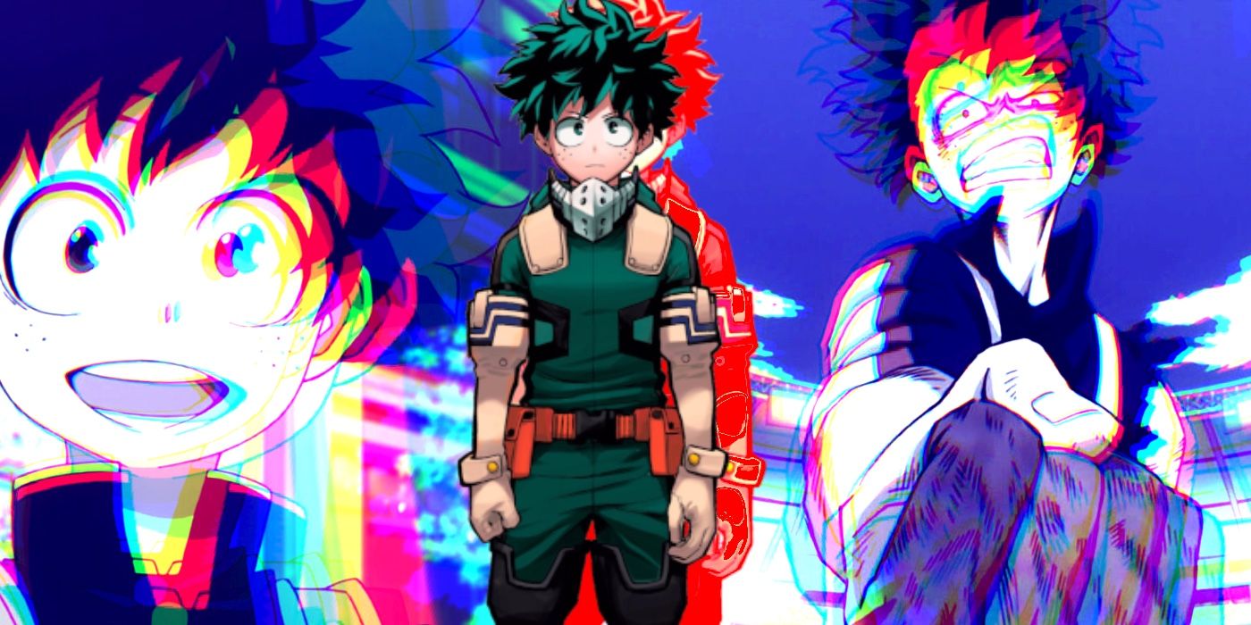 Three images of Izuku Midoriya from My Hero Academia. 