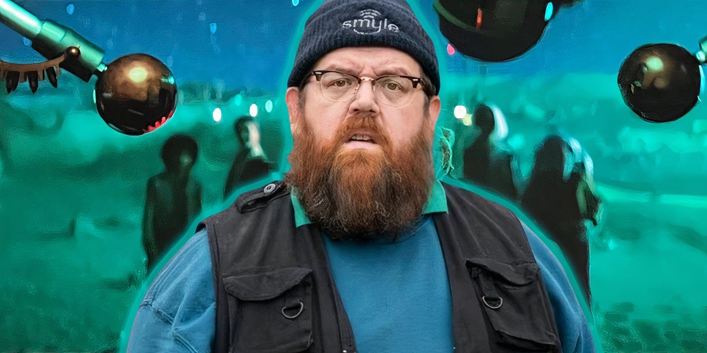 Nick Frost with a Star Wars Skeleton Crew background