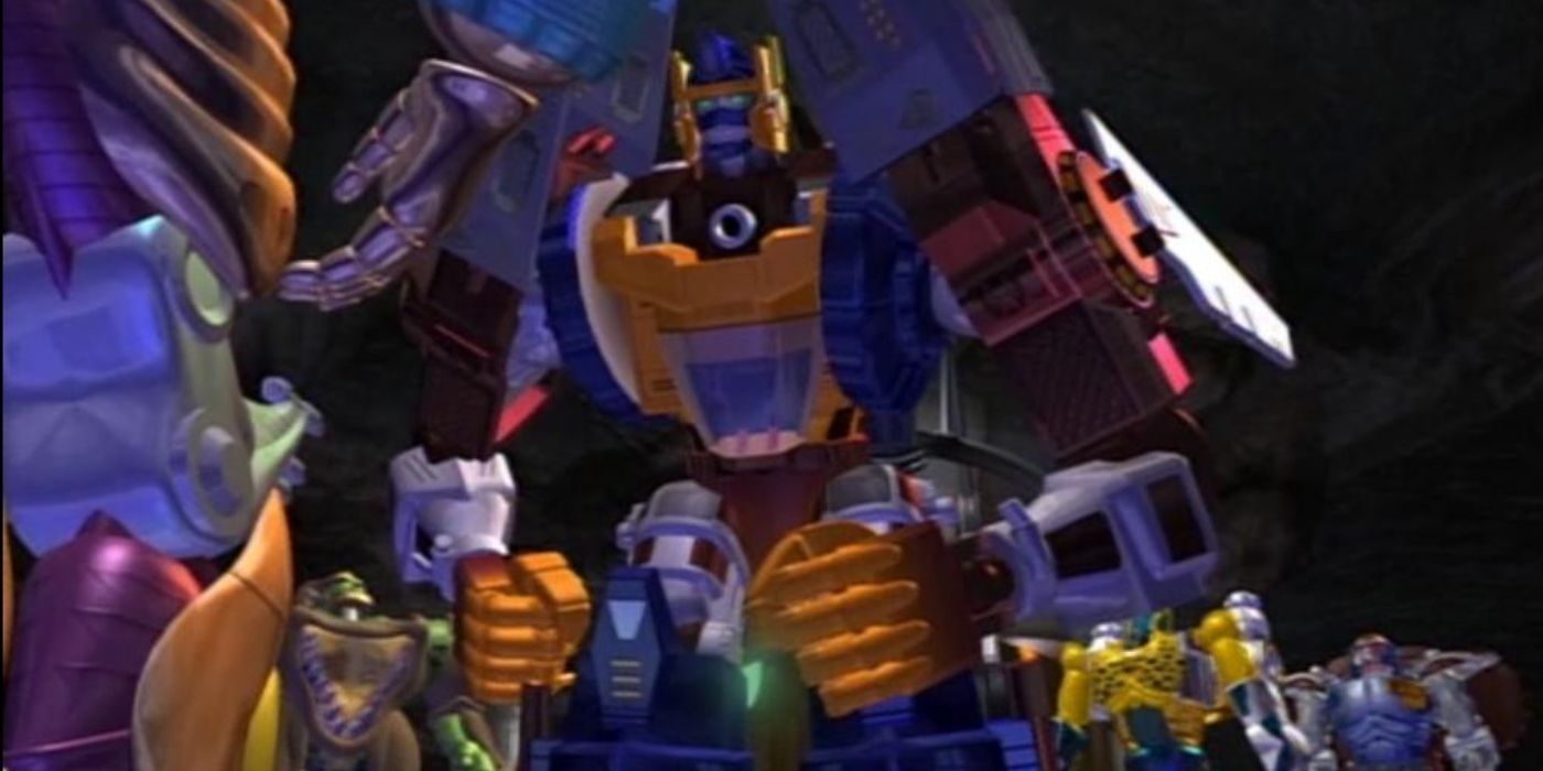 Optimal Optimus dwarfing the other Maximals in Beast Wars: Transformers.