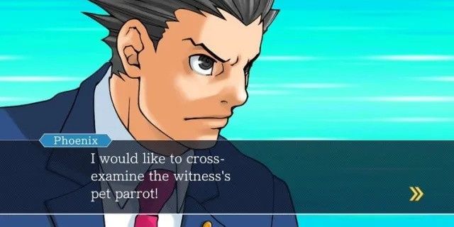 Phoenix Wright examina um papagaio.