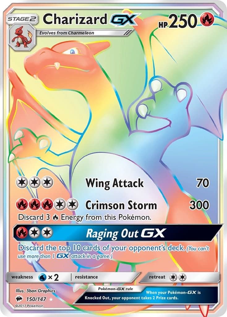 A carta Pokémon Charizard GX Rainbow variante rara.