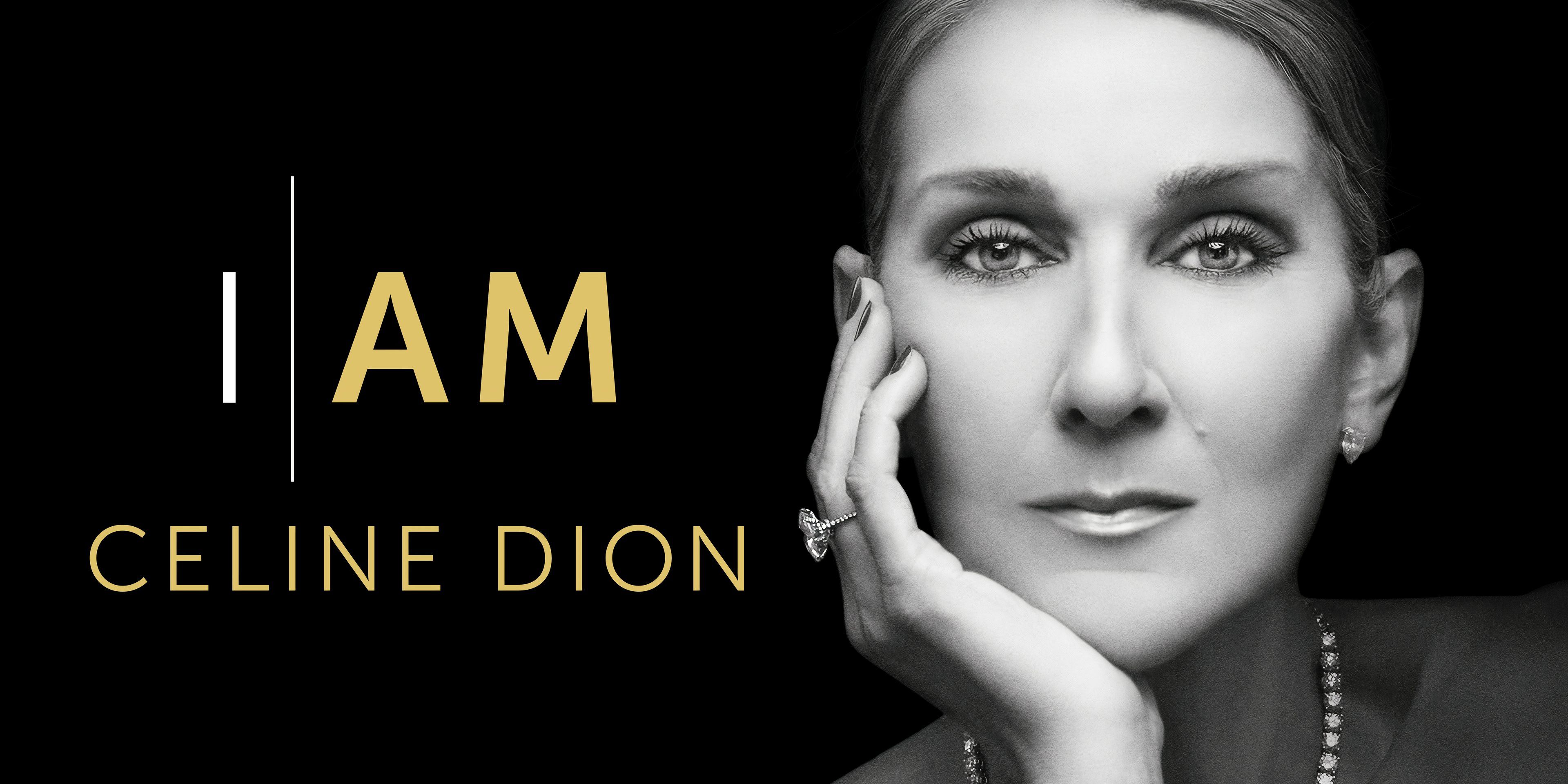 Celine Dion apoia o queixo na mão ao lado das palavras ‘Eu sou Celine Dion’.