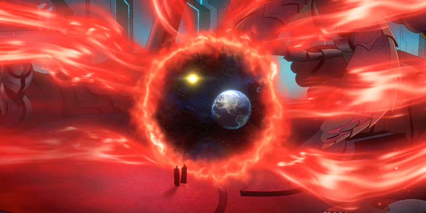 In Crisis on Infinite Earths Part 3, Prime Earth is surrounded by a red energy vortex.