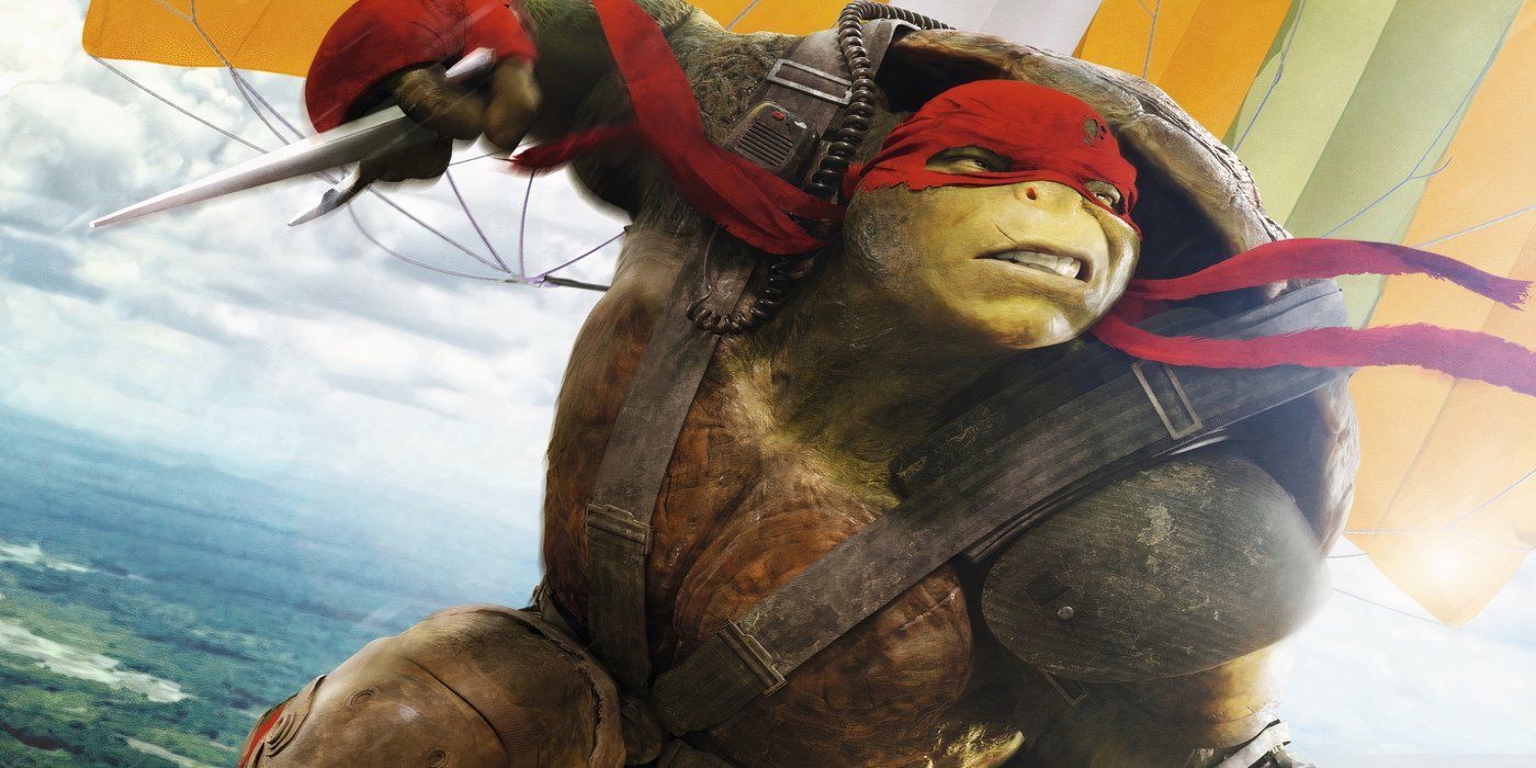 Raphael looks determined while wearing a parachute in TMNT Out of the Shadows