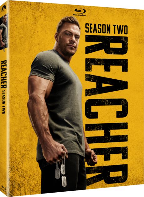 The Blu-ray cover for Reacher Season 2, featuring Alan Ritchson as the titular character.