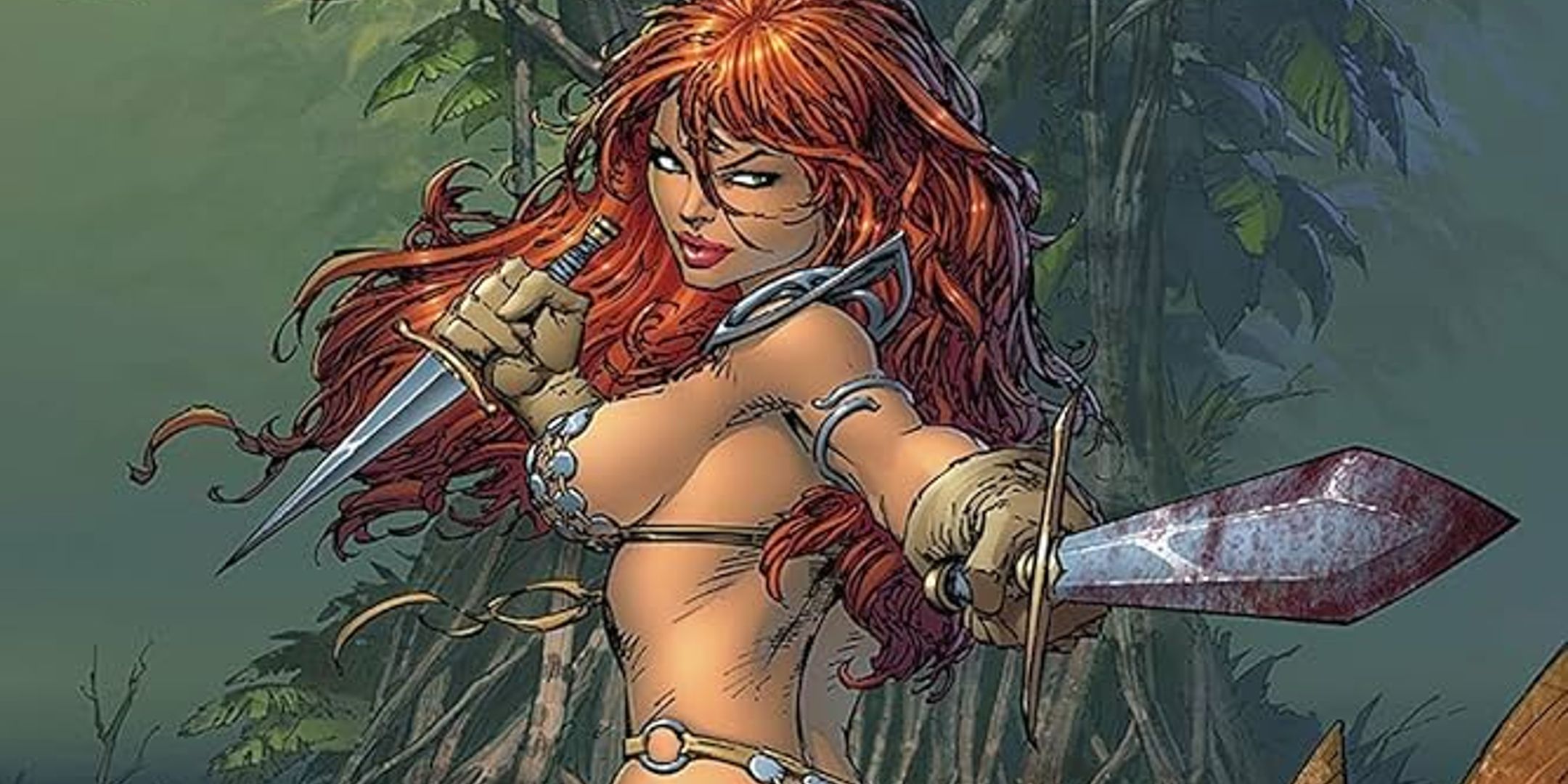 Red Sonja holding one dagger near her chest and another out towards an opponent