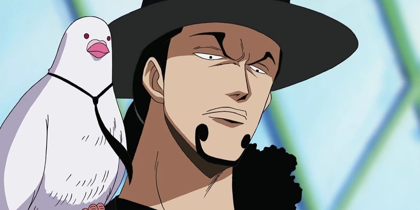 Rob Lucci is pictured from the neck up looking downward with Hattori perched on his shoulder.