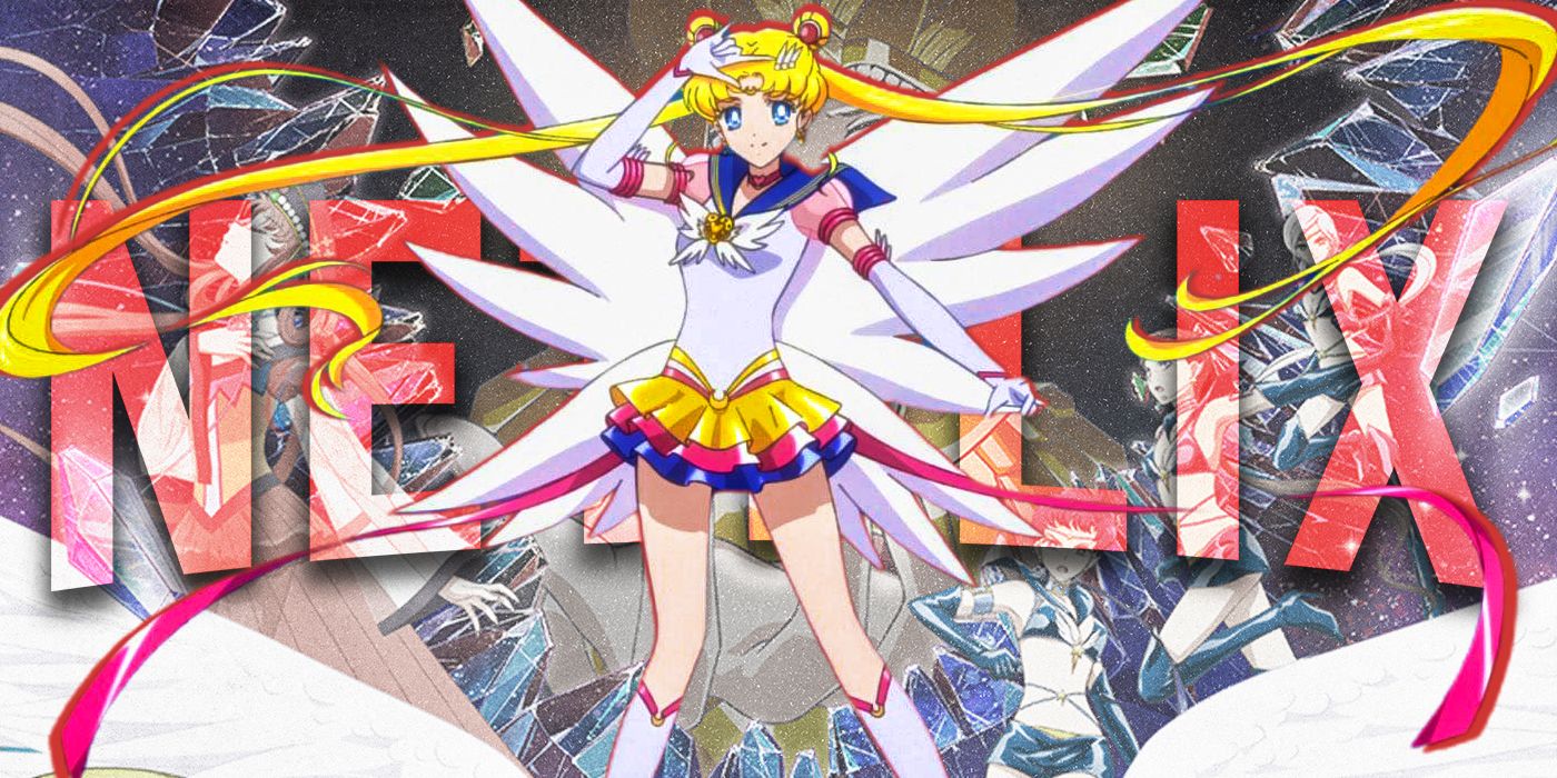 Usagi Tsukino from Sailor Moon Cosmos transforms in front of the official Netflix logo