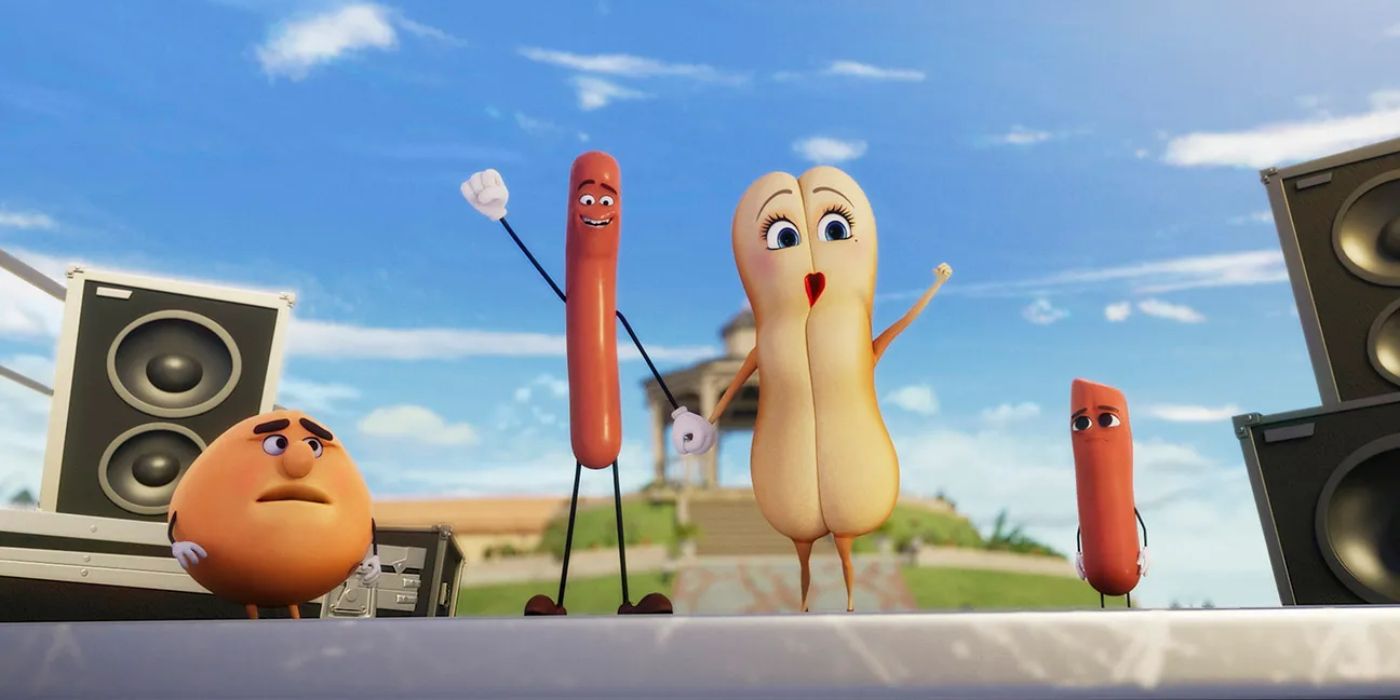 Sausage Party Foodtopia characters celebrate on stage