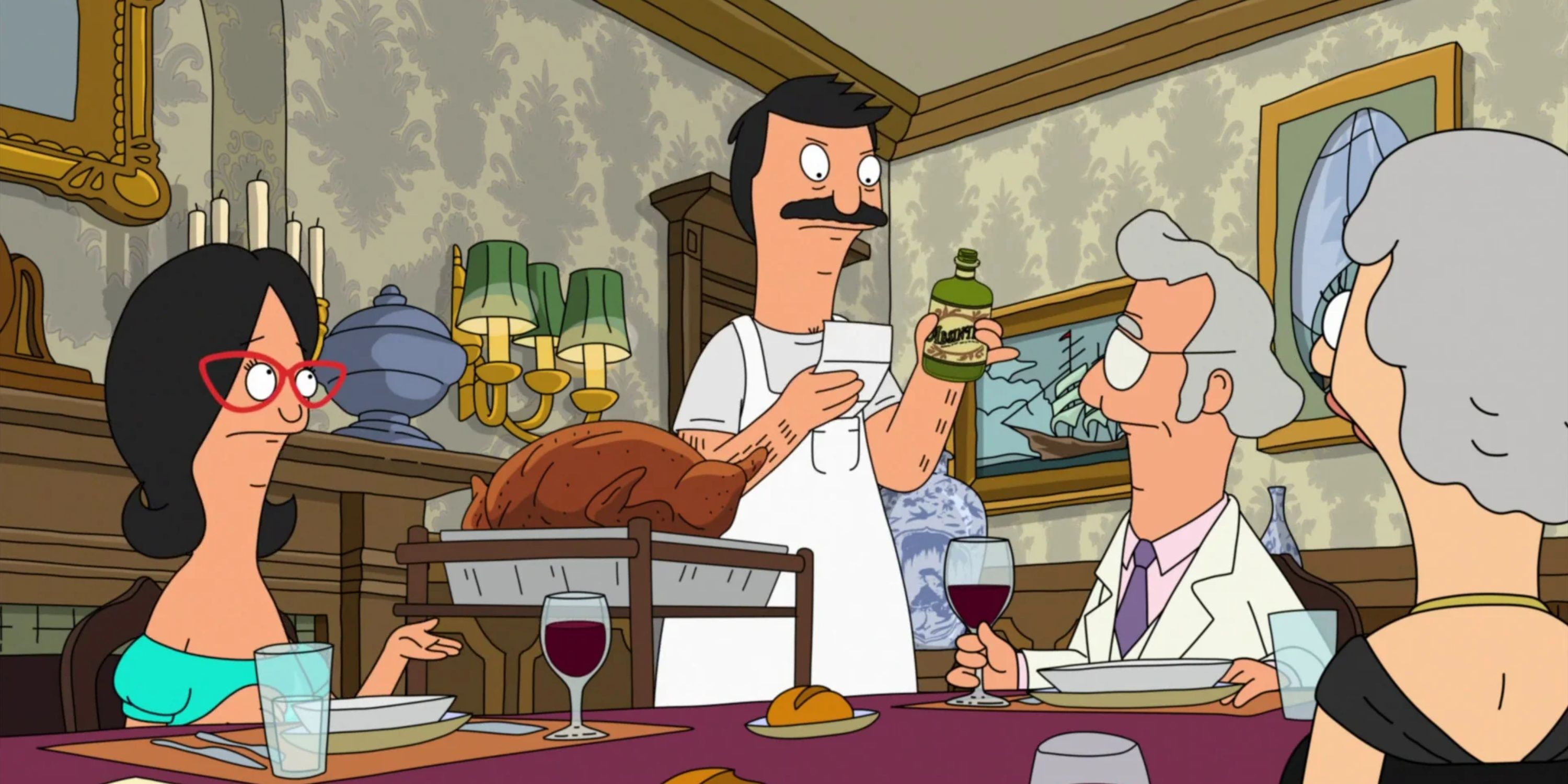 Bob chateado enquanto sua família come com o Sr. Fishoeder no episódio Bob's Burgers, Uma Proposta Indecente de Ação de Graças