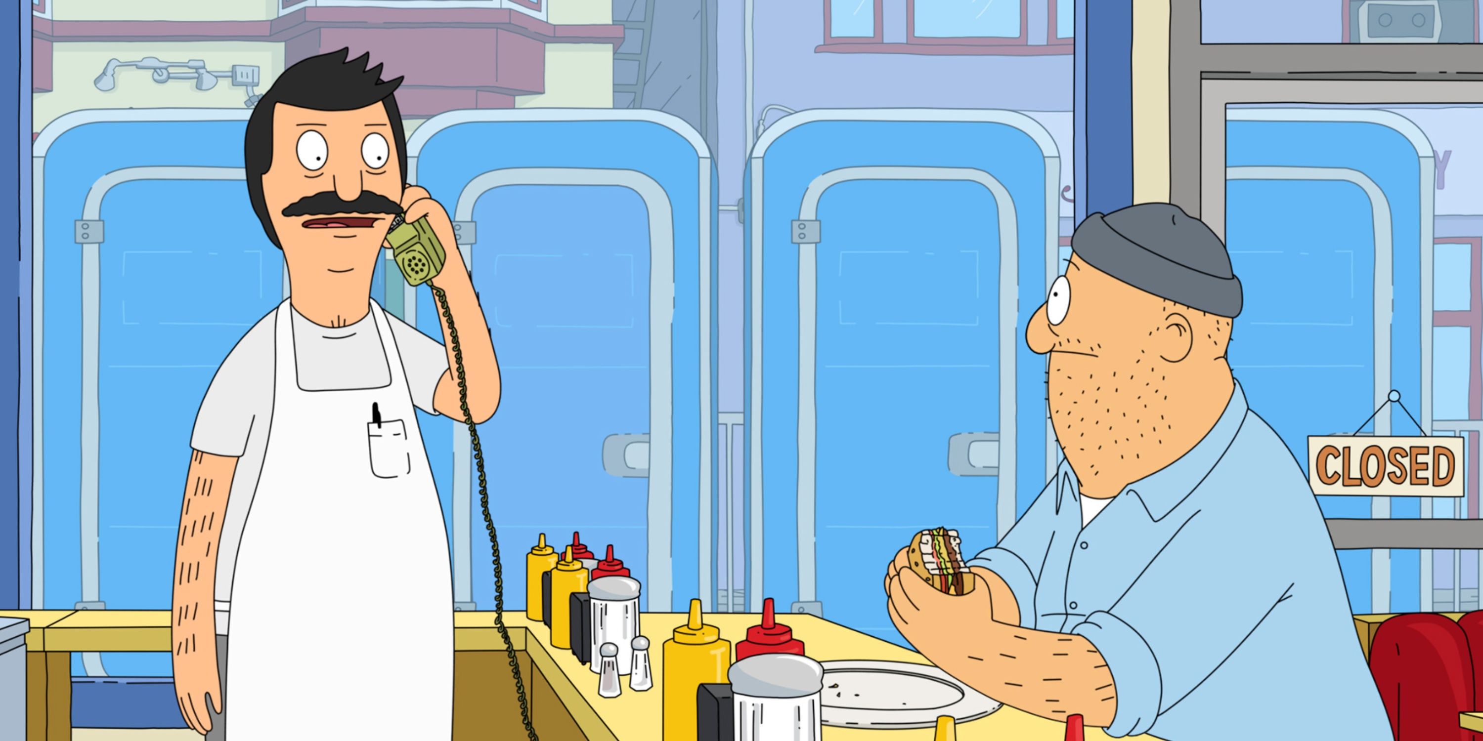 Bob fala com raiva ao telefone enquanto Teddy assiste ao episódio The Land Ship de Bob's Burgers