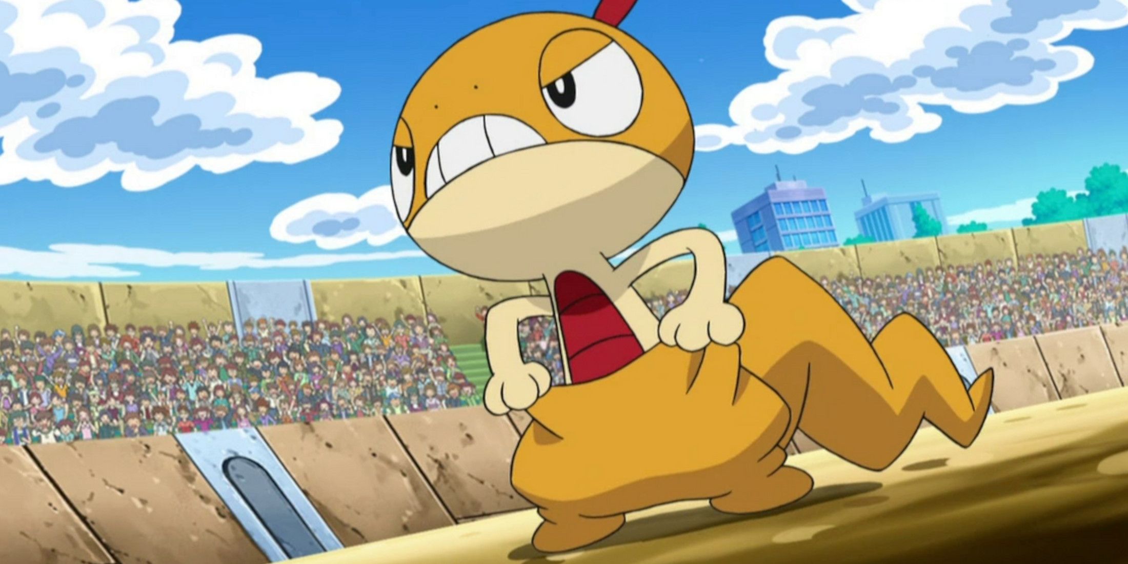 Ash's Scraggy holds up "pants" in a battle in the Pokémon anime.