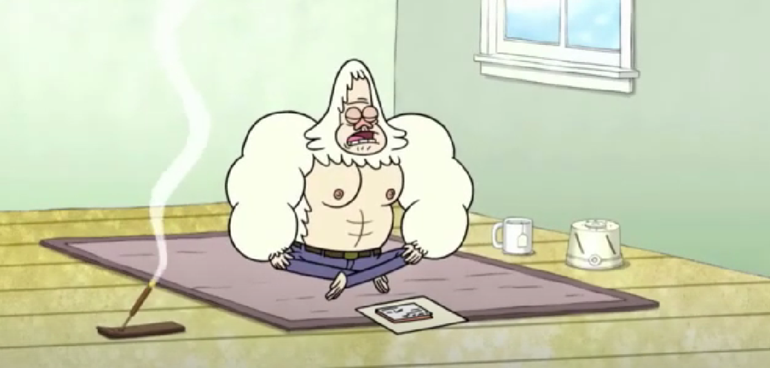 Skips medita em sua sala de estar no The Regular Show.