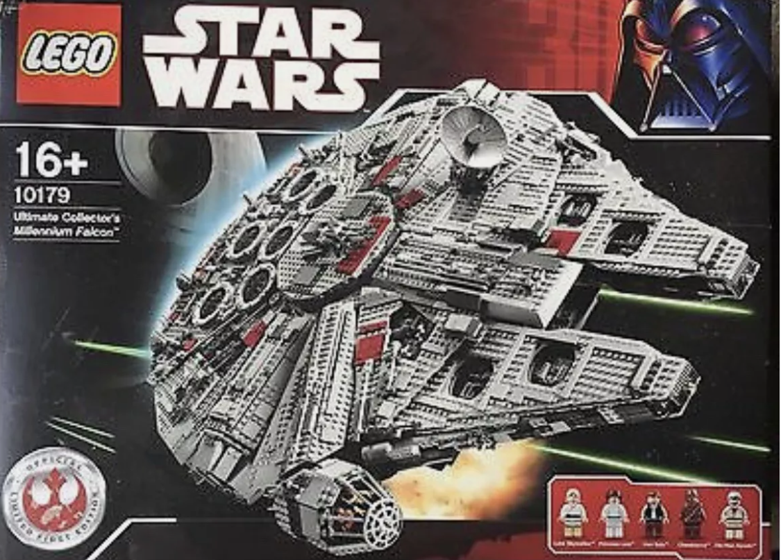 A close-up shows the Millennium Falcon on the box of Lego's Ultimate Collector's edition.