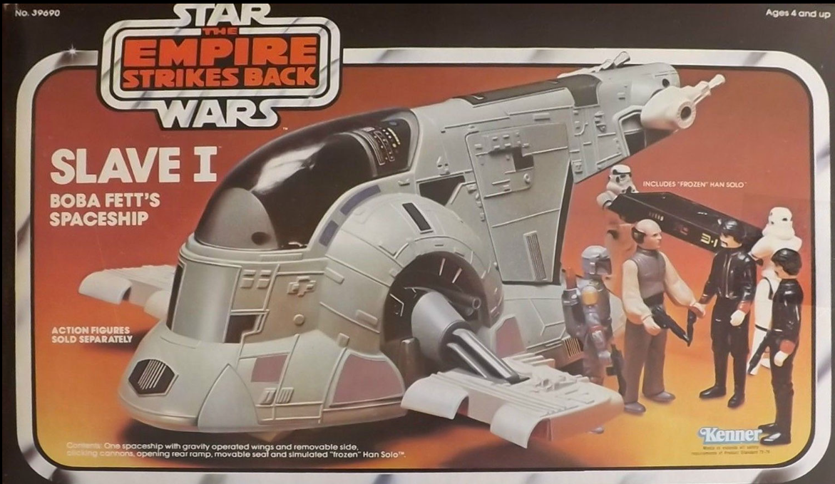 A close-up shows the original packaging for Kenner's Slave I from Star Wars.