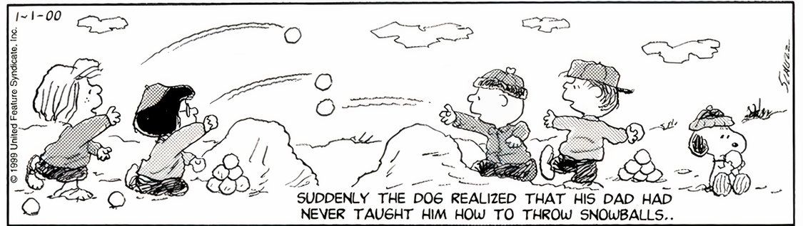 Charlie Brown and Snoopy play in the Winter snow in this Peanuts comic strip.