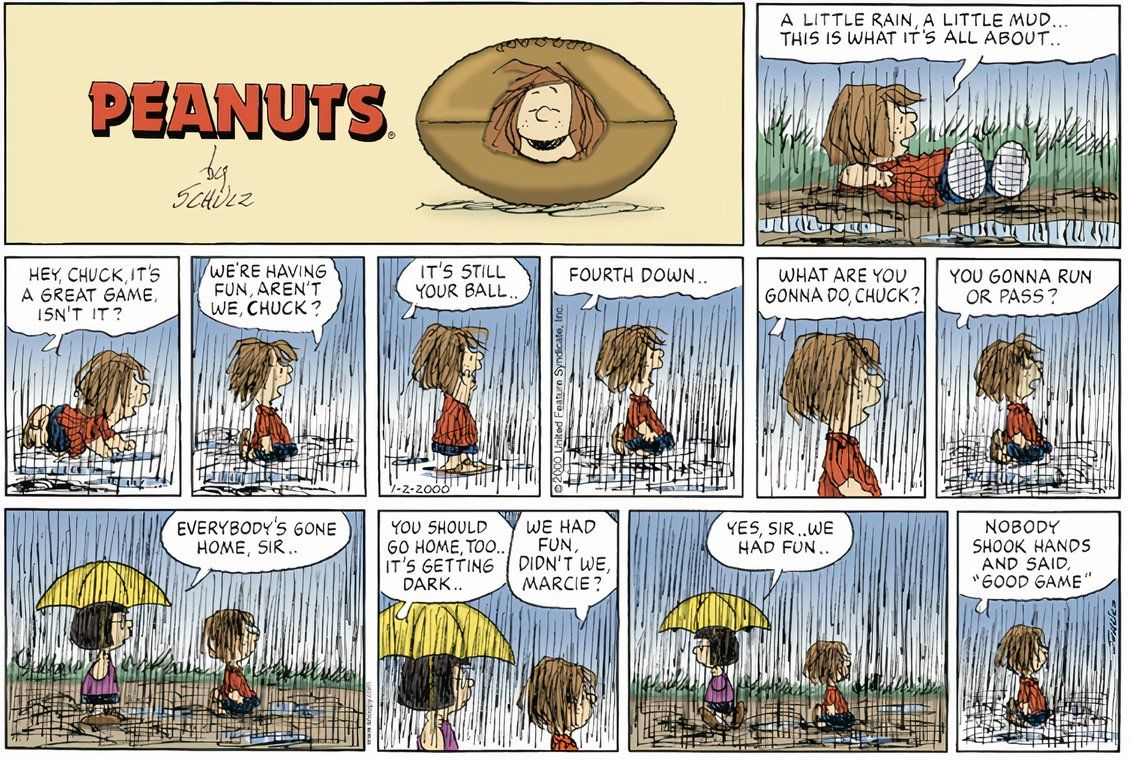 This Peanuts comic strip features Peppermint Patty and Marcie's final appearance in the comic strip series.