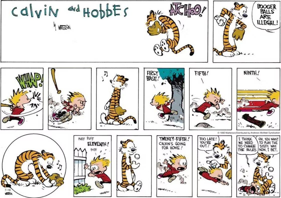 Calvin e Hobbes jogam beisebol com 25 bases.