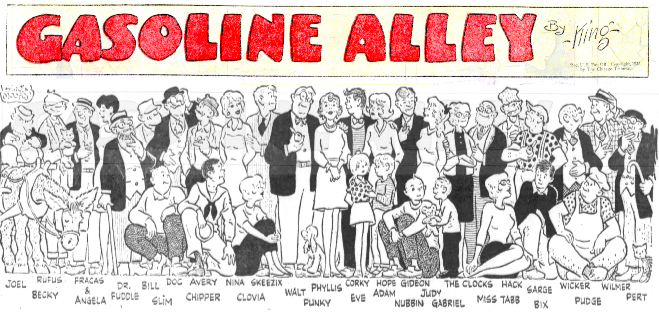 Os personagens do Gasoline Alley posam juntos.