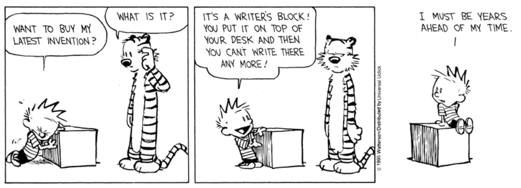 Calvin inventa um bloco que os escritores podem colocar em suas mesas em Calvin e Hobbes.