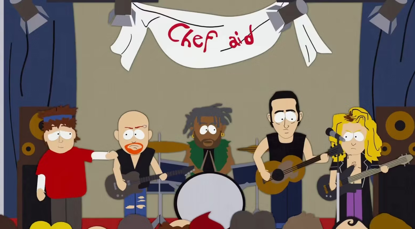 Uma banda toca em um pequeno palco para o Chef Aid em South Park.