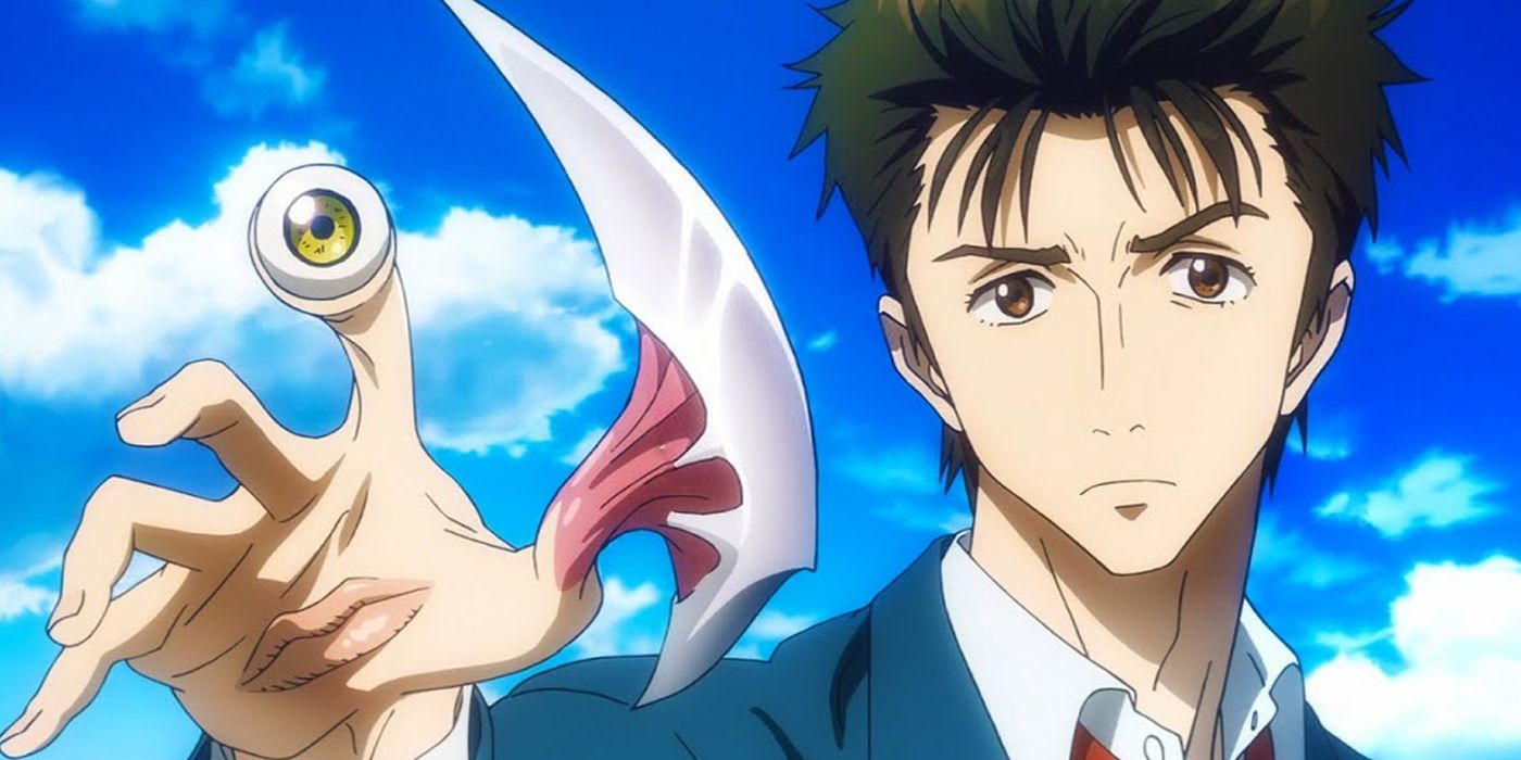 Shinichi mostra o alienígena em sua mão em Parasyte a máxima