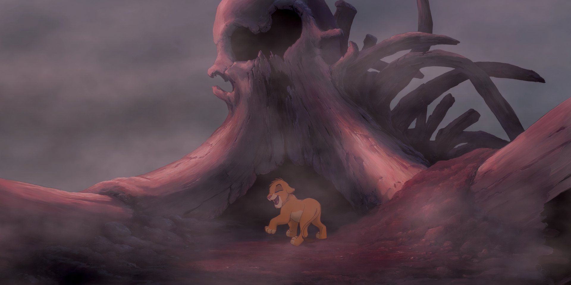 Simba em frente a uma caveira de elefante prestes a rir diante do perigo em O Rei Leão