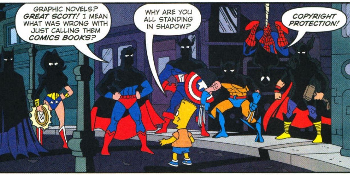 bart simpson sees batman, wonder woman, superman, captain america, wolverine, spider-man, and thor in shadow