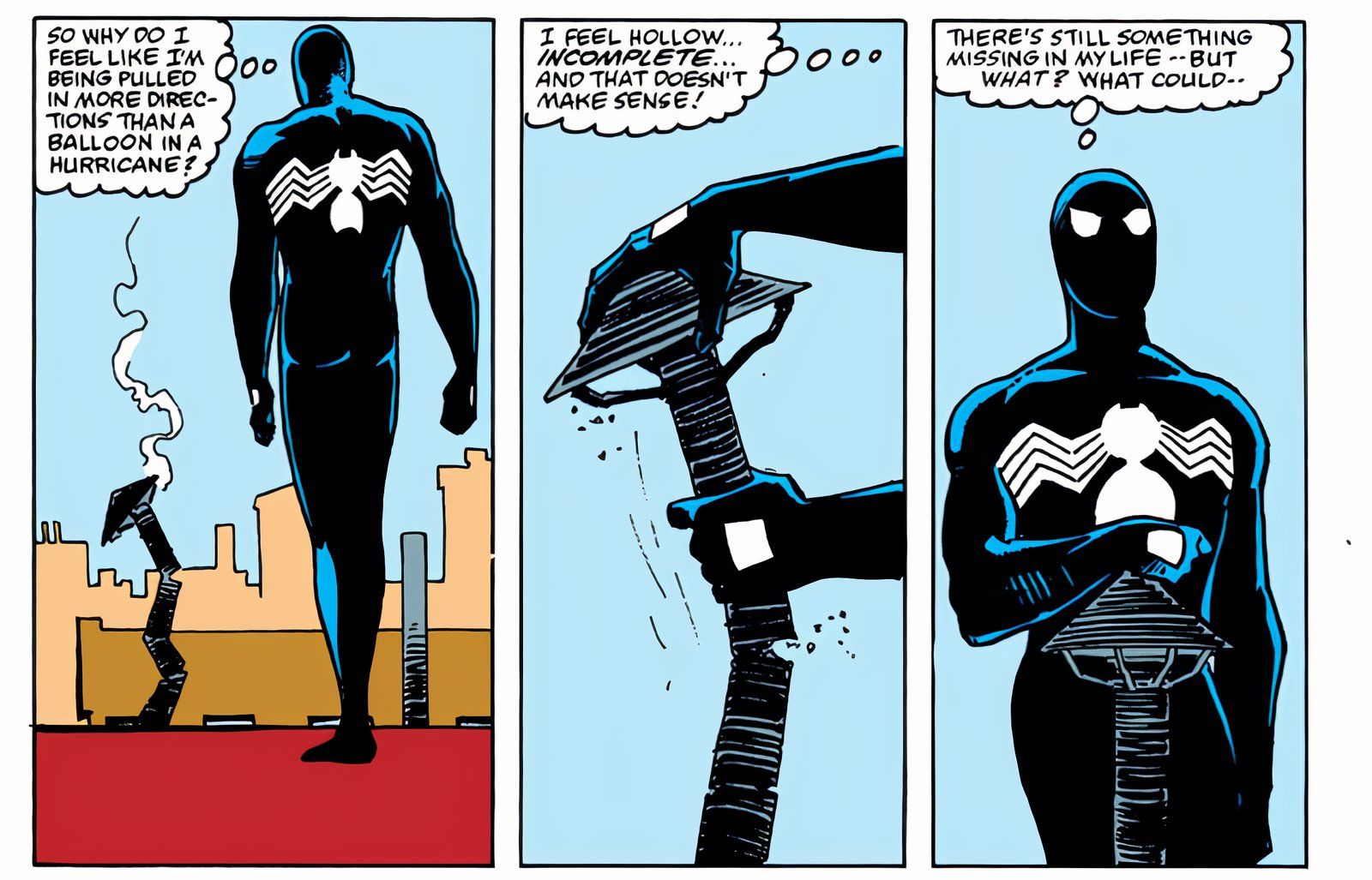 Black Costume Spider-Man's thoughts presented as an intrinsic monologue