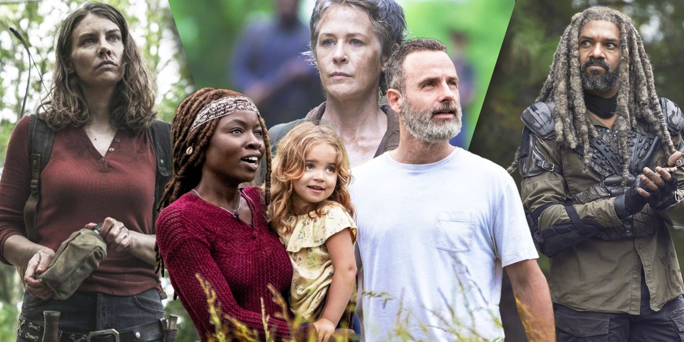 split image of Maggie, Rick, Carol, Ezekiel. Michonne