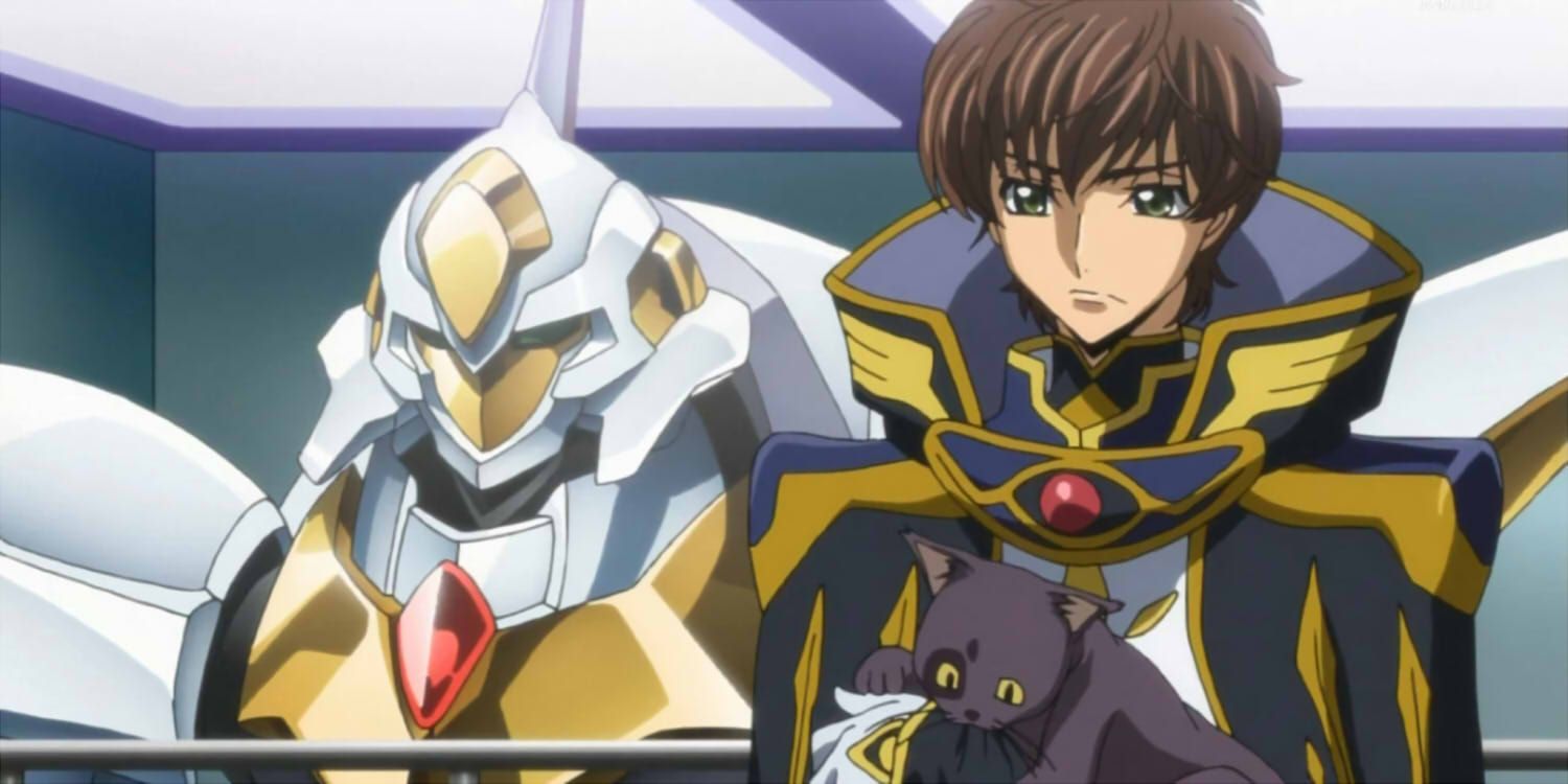 Suzaku Kururugi, in Code Geass: Lelouch of the Rebellion, with Arthur and the Lancelot in the background