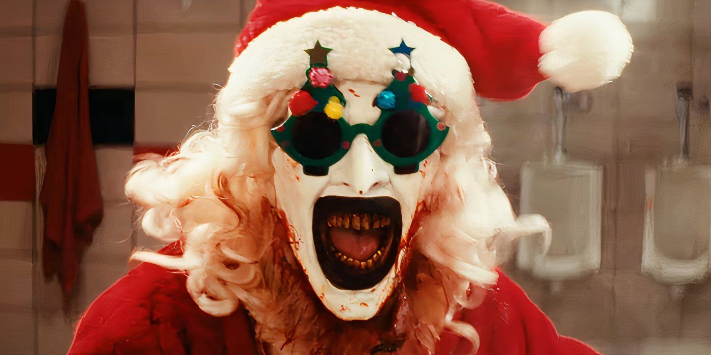 Terrifier 3 image of Art wearing Christmas tree sunglasses and Santa outfit.