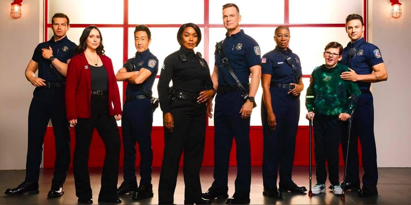 The 9-1-1 crew are stood together in a season 7 poster