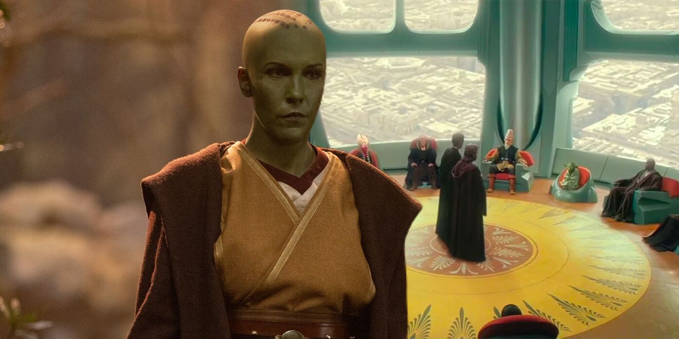 Split: Vernestra Rwoh in The Acolyte; the Jedi Council chamber in The Phantom Menace