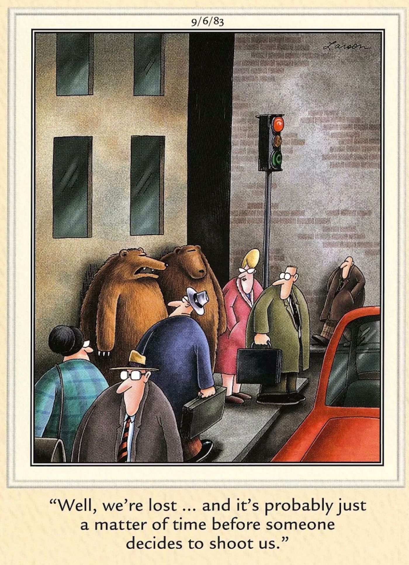 Two bears are complaining about being lost on a busy city street in The Far Side