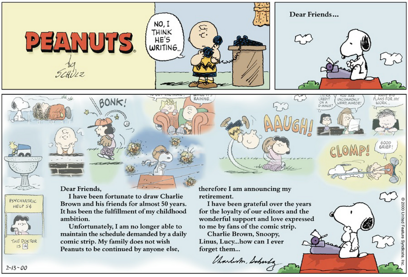 This comic strip features Charles M. Schulz' retirement announcement in the final Peanuts comic strip, released one day after his passing.