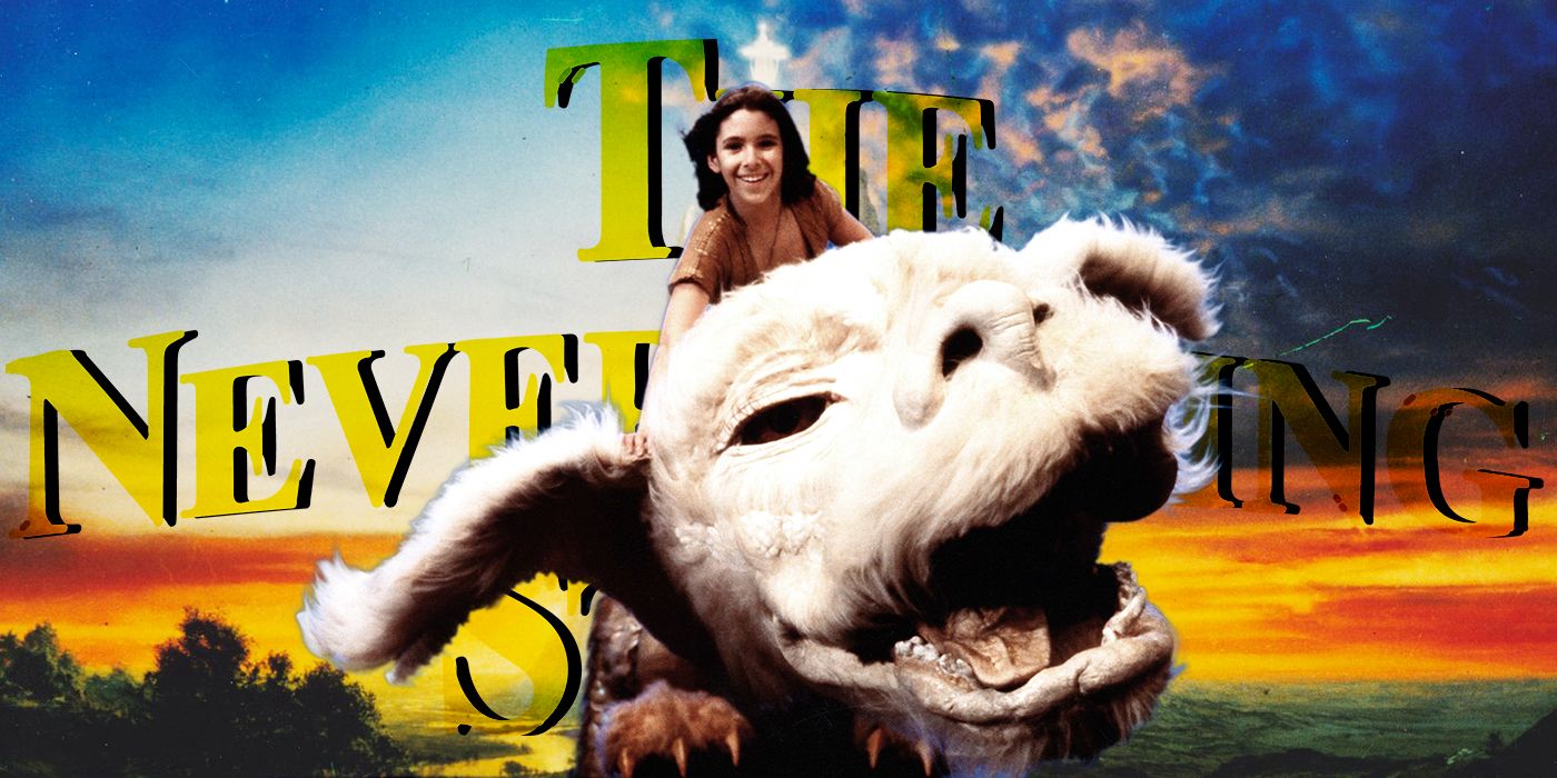 Atreyu rides Falkor in front of The NeverEnding Story title