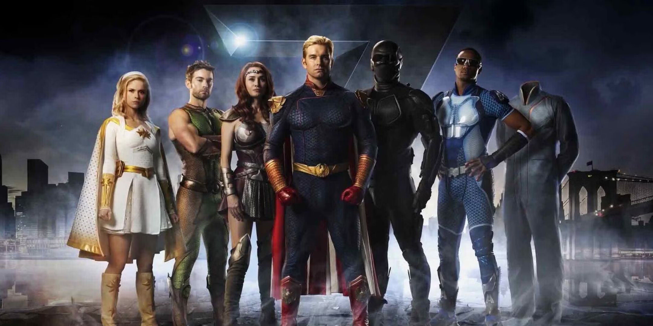 The Seven including Starlight, The Deep, Queen Maeve, Homelander, Black Noir, A-Train and Translucent pose in The Boys