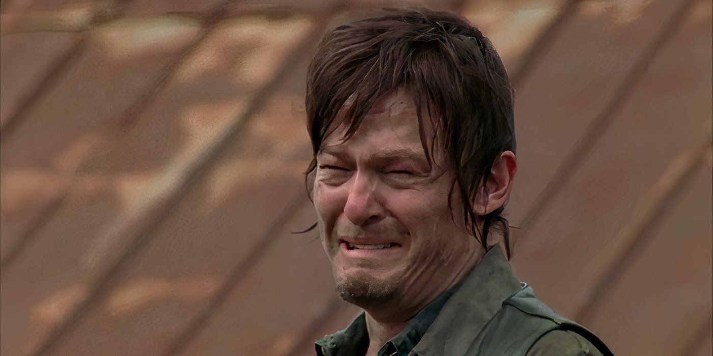 A close-up of Daryl crying on The Walking Dead.