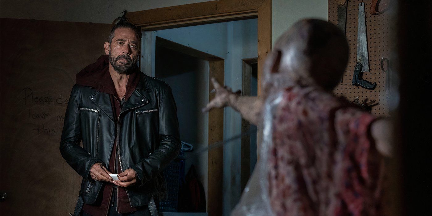 Negan (Jeffrey Dean Morgan) at the door looking sullen after finding Lucille dead on The Walking Dead.