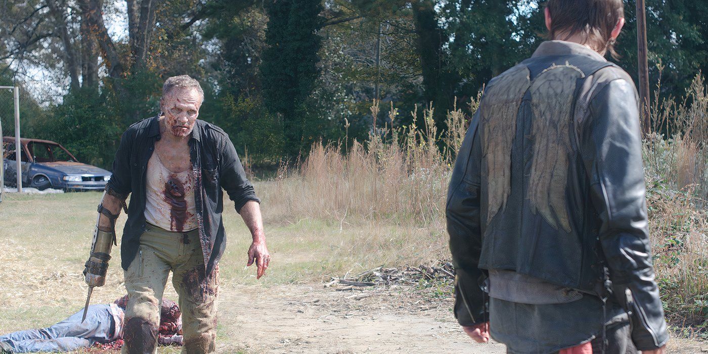 A reanimated Merle approaches Daryl on The Walking Dead.