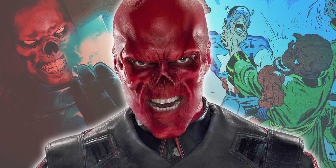 The MCU Red Skull with comic versions holding the Cosmic Cube and fighting Captain America
