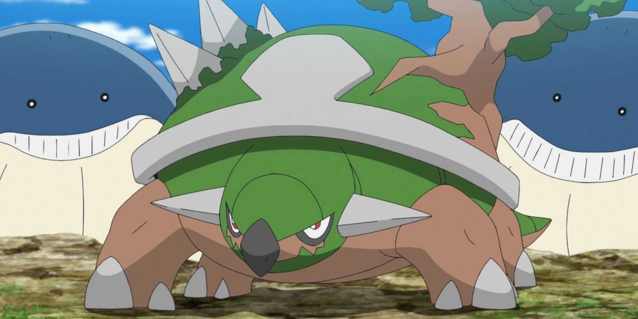 Ash's Torterra prepares for battle while standing in front of two Wailmer in the Pokémon anime.