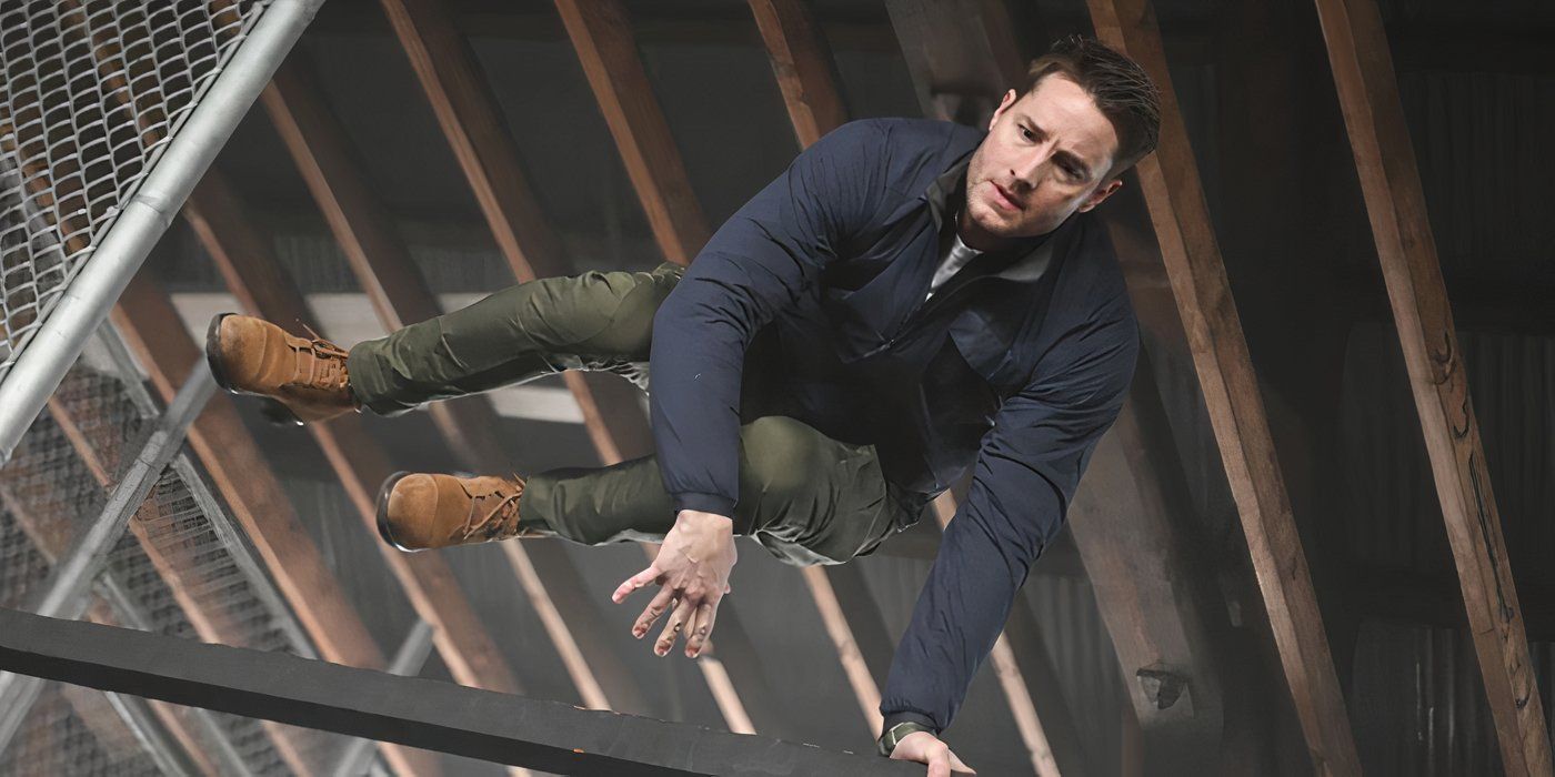 An angled photo of Colter jumping from a ledge in a scene from Tracker.