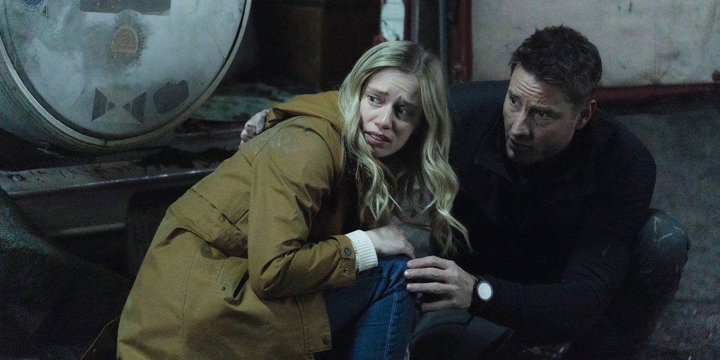 Colter crouched down hiding with a woman in a jacket, both looking scared in a scene from Tracker.