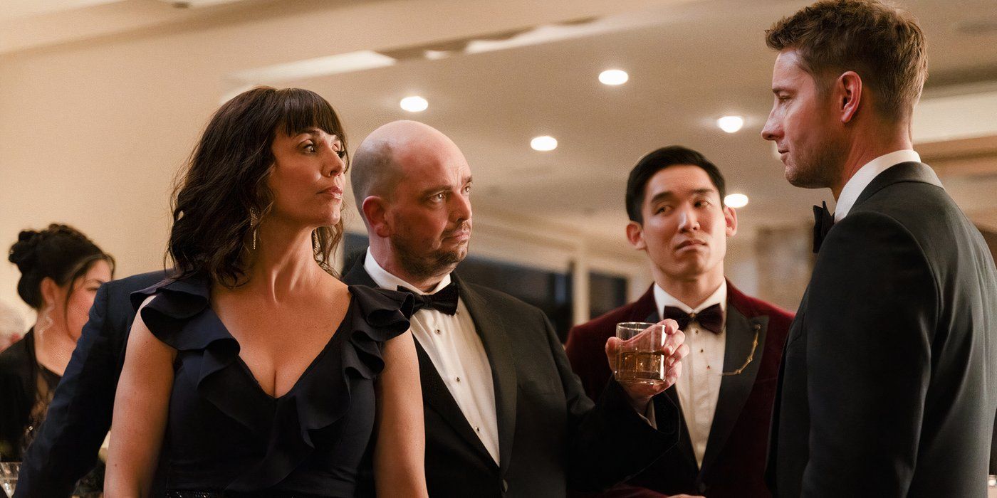 Colter and another woman stare one another down at a fancy party as two men in suits look on in a scene from Tracker.