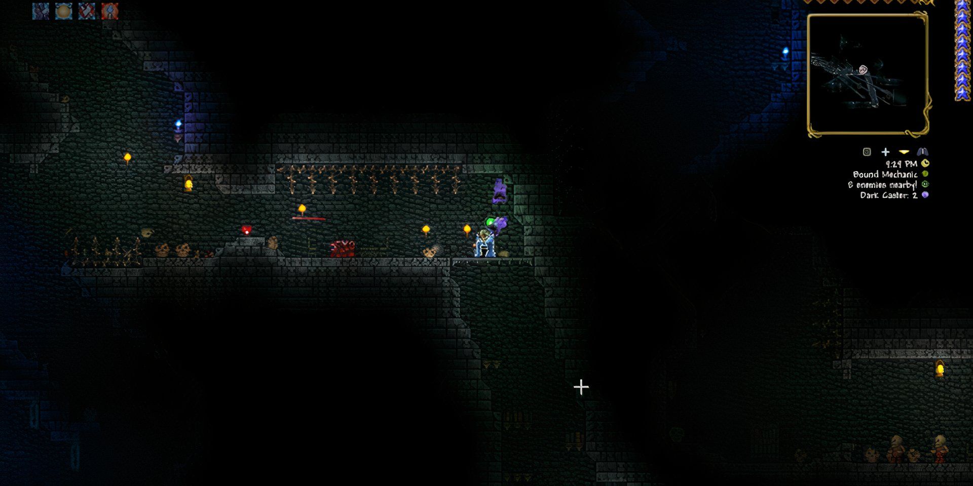 O jogador explora a masmorra em Terraria com um altar na frente dele